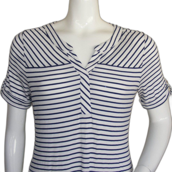 CHICO'S Mini Dress, 0/S, White, Navy Stripes, Short sleeve, Split neck, Jersey - Picture 2 of 12